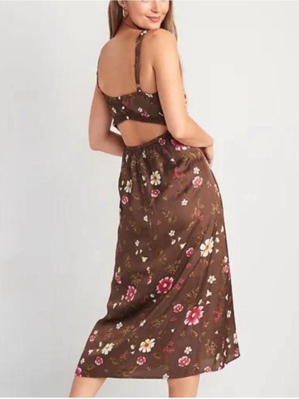 Old Navy Brown Floral Slip Dress with Pink & Cream Flowers - Picture 2 of 10